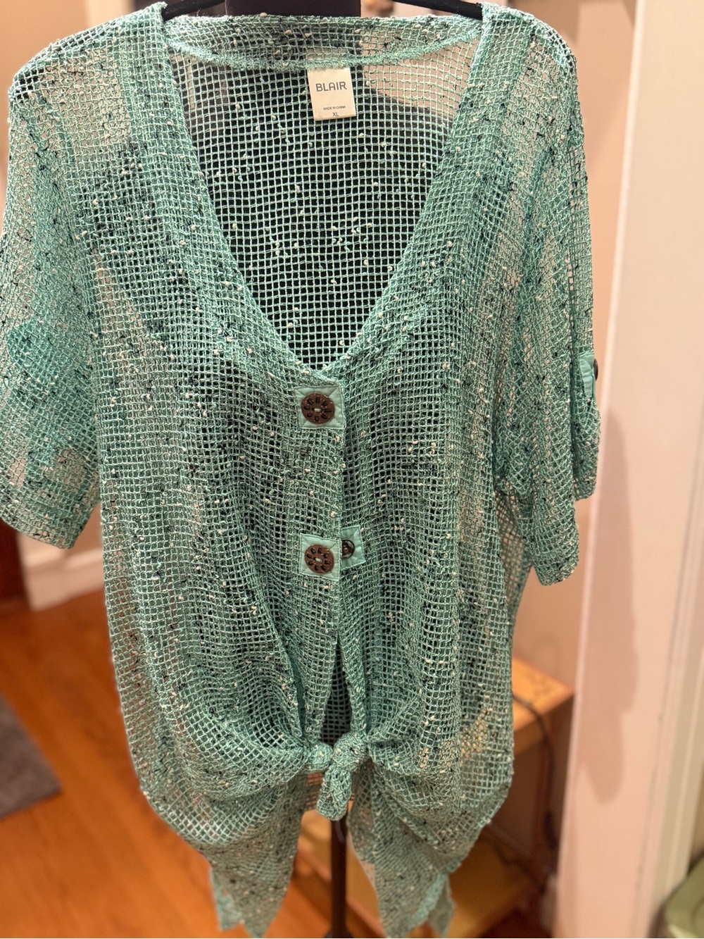 Blair Mint Open-Weave Button Front Tie Hem Tunic